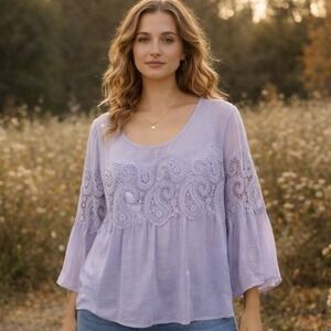 Fyve Lilac Lace Paisley Sheer Blouse Bell Sleeve Flowy Top Size Large